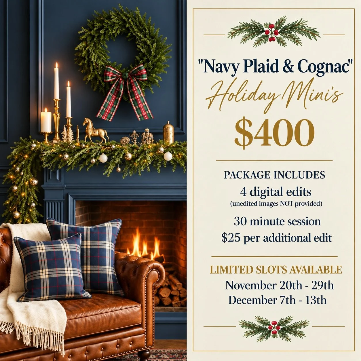 Holiday Mini Season is Here!!! 🎄🎅🏾📸 This year our theme is &ldquo;Navy Plaid &amp; Cognac&rdquo; so there will be a mixture of navy drapery, plaid pillows &amp; cognac seating options. Navy, gold/brass ornaments and plaid decor.

And our Photo Bo