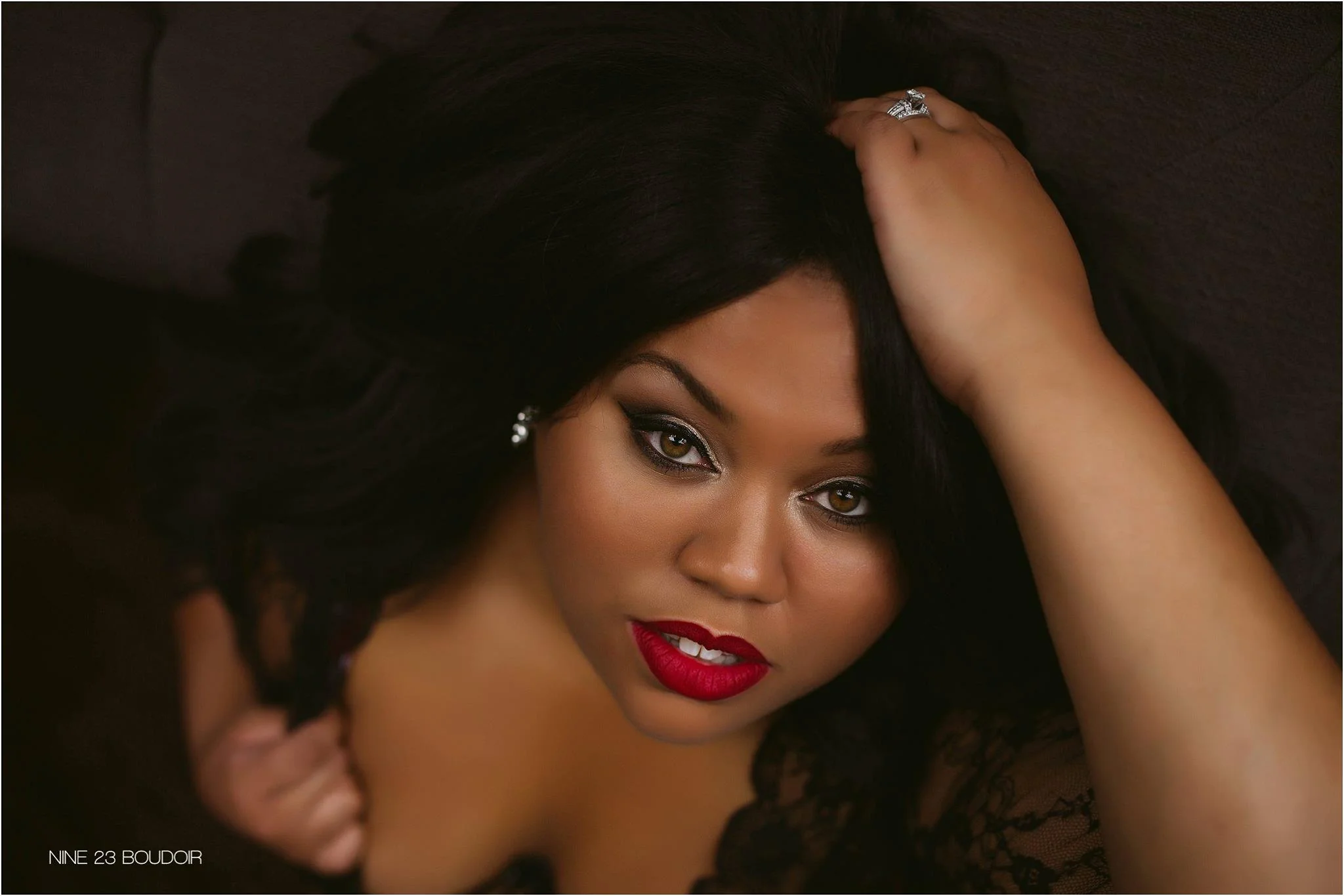 Black lace and red lips are the recipe for sexpot. #Boom Also, these pics are for my Hubby so I can only show you a teaser shot, but trust me when I say my apple shape rocked this outfit :)