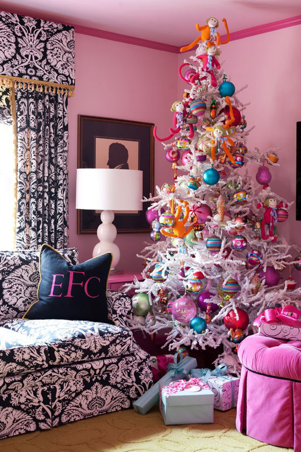 Elaborate and funky, this out of the box, monkey filled tree is for the playful kid-at-heart fashionista. Texture and larger than life ornaments are key to pulling off this whimsical look.