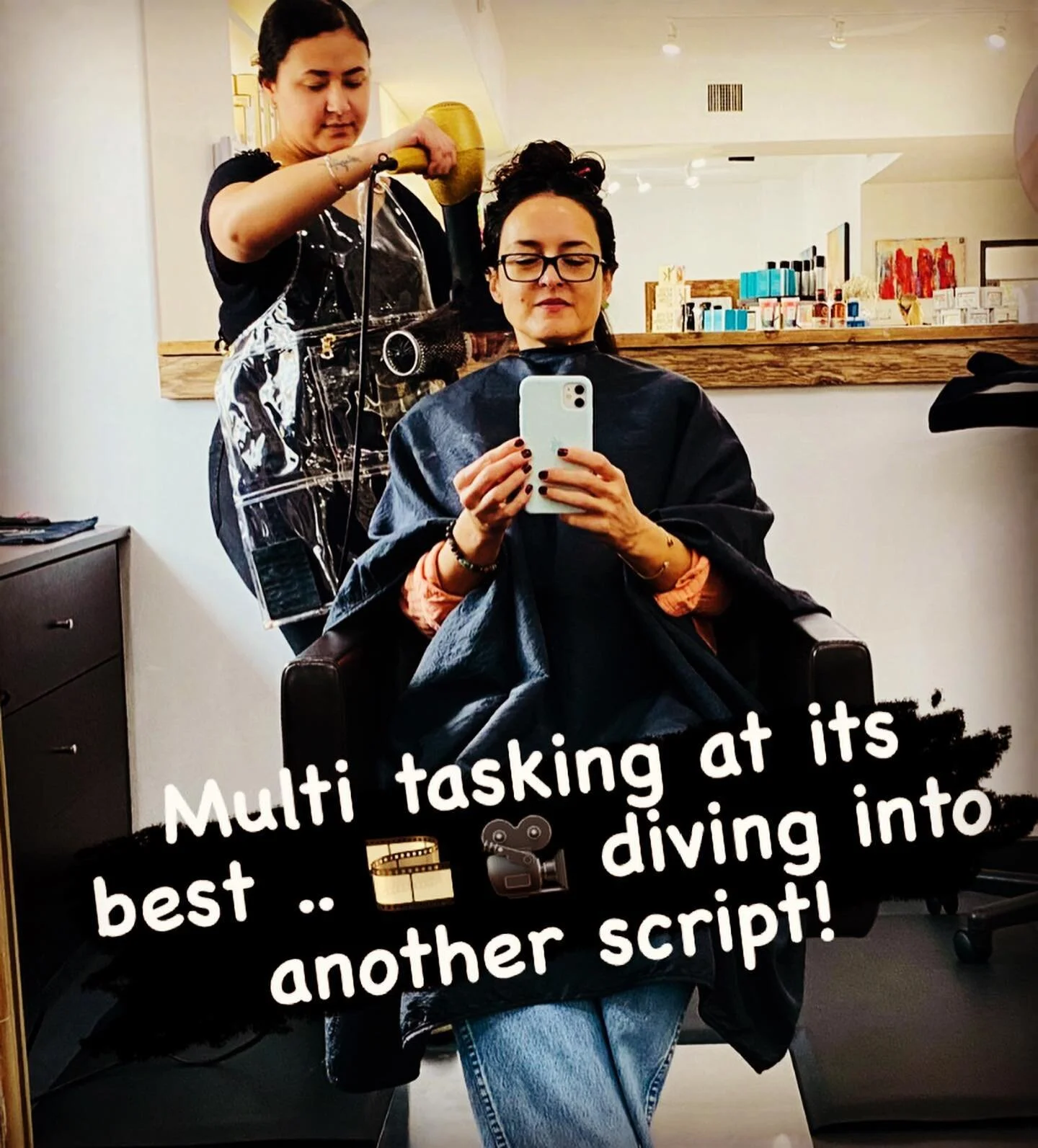 No selfie taker here.. I am reading another script on my phone and it just snapped!! 🤪 I love diving into imaginary worlds of scripts - an immediate transport for me.  #magic #✨ A special thanks to the #talentedhairstylist 💇🏽&zwj;♀️Tristen at @bel