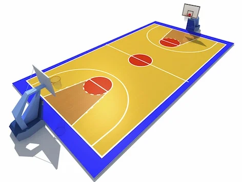 A basketball court is a rectangle with a basket at each end, and can be either inside or outside.