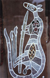 Bark painting showing a kangaroo that had been hunted.