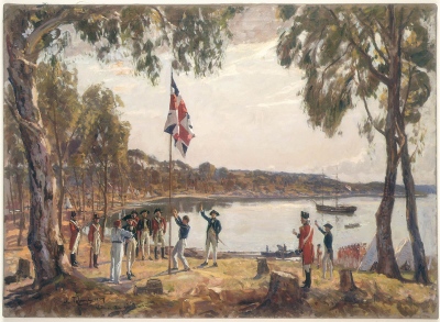Captain Arthur Phillip raises the British flag at Sydney Cove. January 26, 1788. Photo: State Library of NSW