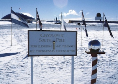 This is the ceremonial South Pole, ringed by the flag of each country that signed the Antarctic Treaty. ©Getty Images