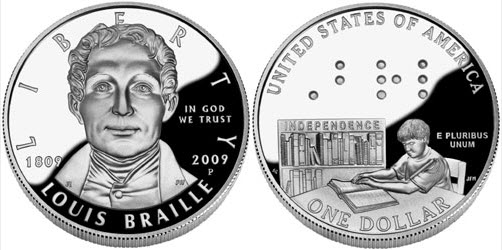 Louis Braille coin, minted in the USA in 2009 to celebrate his birthday 200 years before