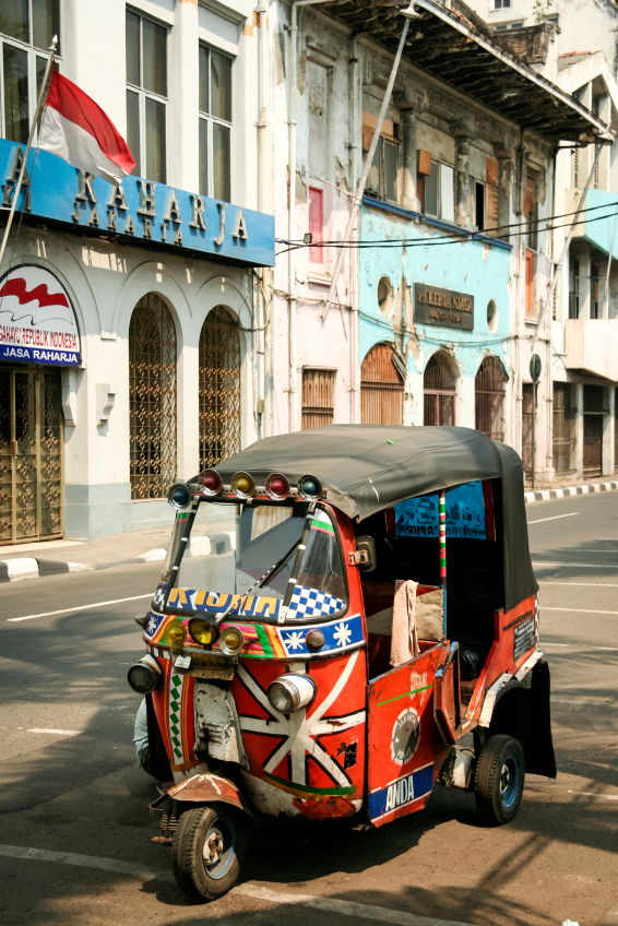 This 3 wheeled motorised rickshaw is also called a tuk-tuk(say took-took)