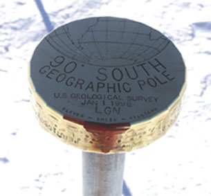 The geographic South Pole marker is moved each year because the glacier on which it is located moves each year. ©Getty 