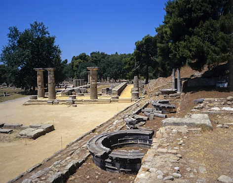 The ruins of the Temple of Hera in Olympia, Greece.