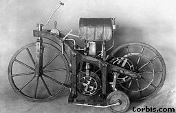 An early petrol-driven motor bike invented by Daimler. 1885