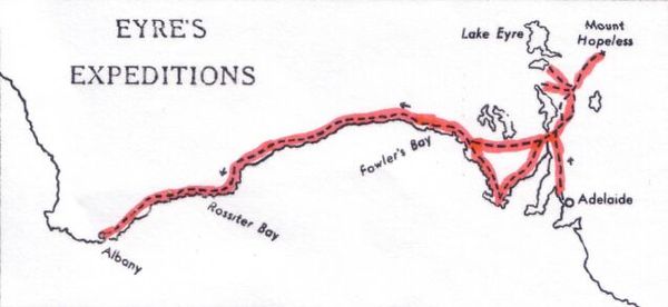 Map of Eyre's expeditions (Wikipedia)