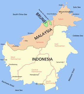The island of Borneo, a continental island, is shared by two nations: Malaysia and Indonesia