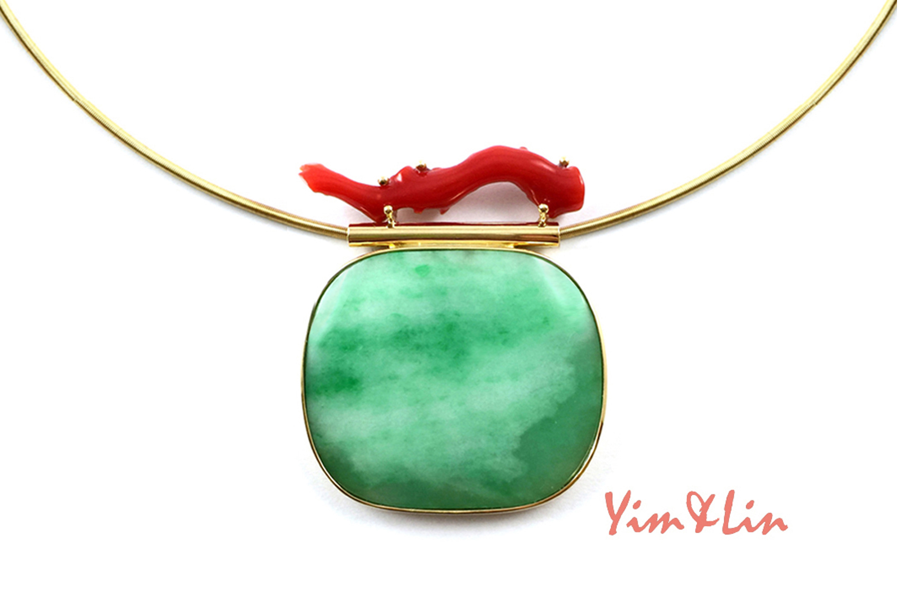 Qing dynasty Jadeite Rank Gem from Official's hat, topped by branch Coral, slide pendant wrapped in 18k.