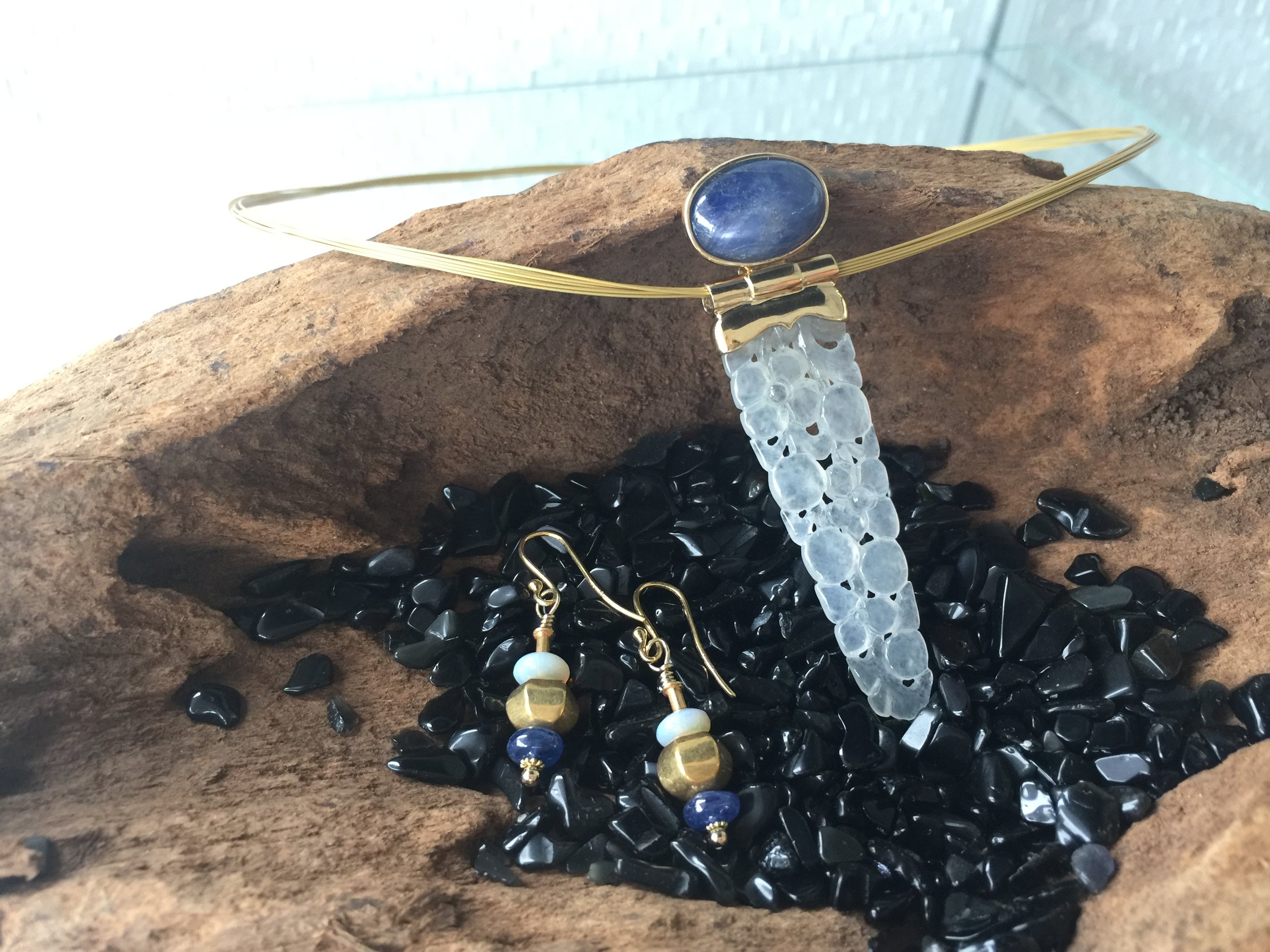 Carved Contemporary Ice jadeite of Evening Primrose topped with vintage Blue Sapphire oval cabochon pendant/ Opal, blue sapphire and hand crafted gold bead drop earrings