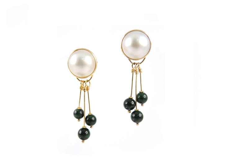A Lin signature design. 18K Akoya mabe pearl with three Chloromelanite jadeite bead drops earrings