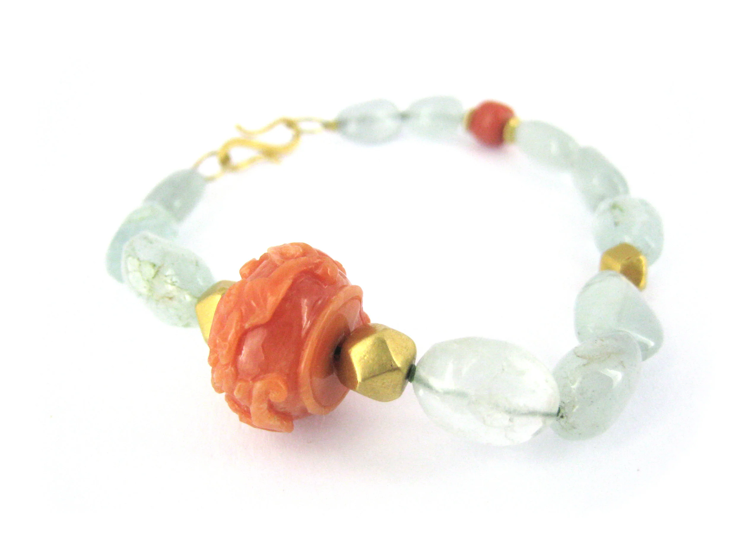 carved coral with aquamarine nuggets and 18k gold beads soft bracelet