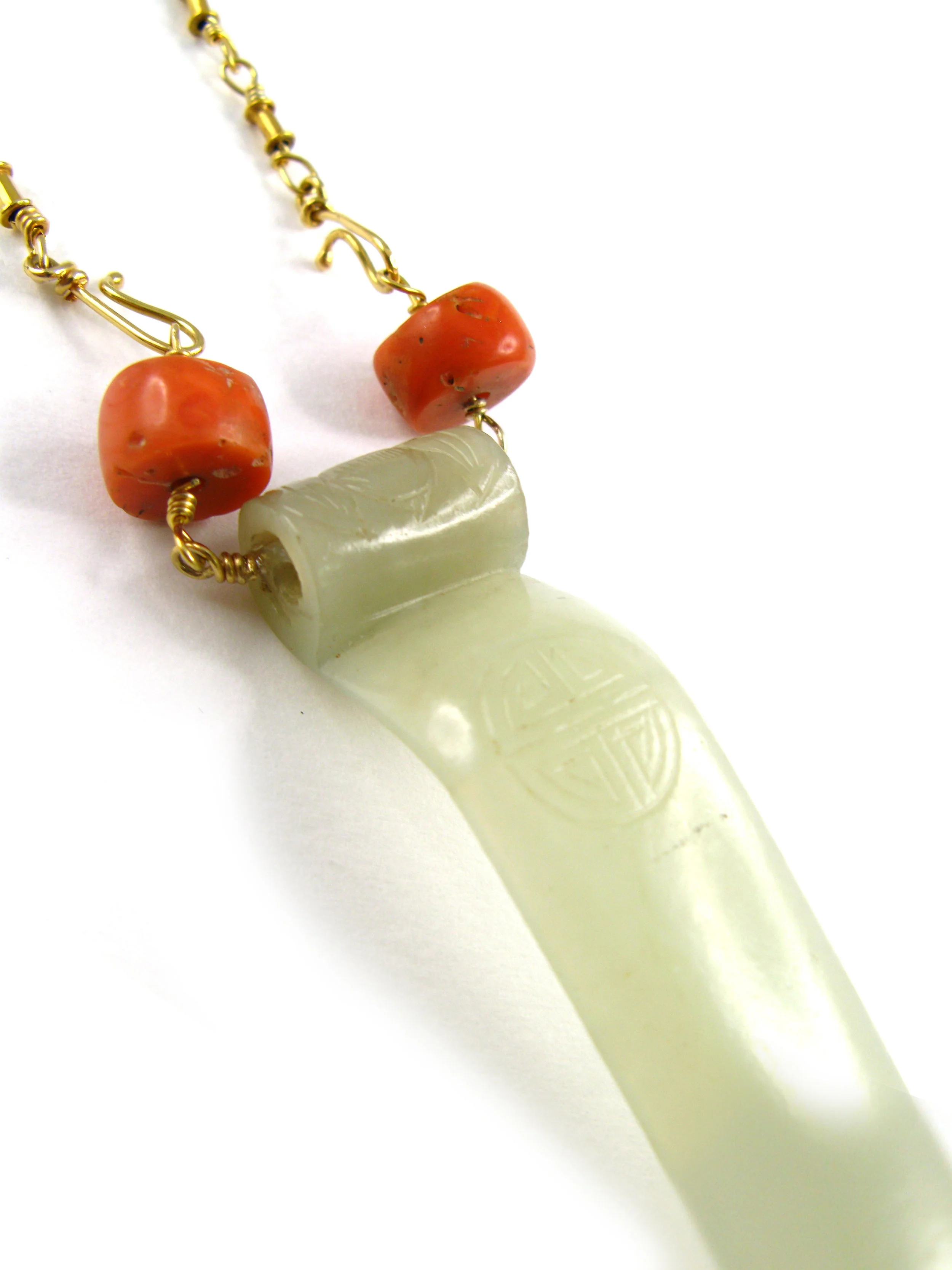 qing dynasty Antique nephrite hair pin becomes a pendant with vintage coral beads and hand made 18k chain