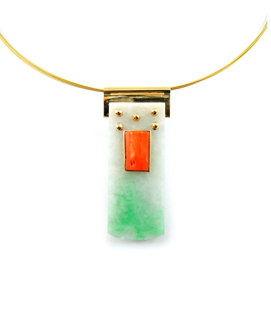 Slide pendant of Moss and Snow jadeite & vintage coral in 18K