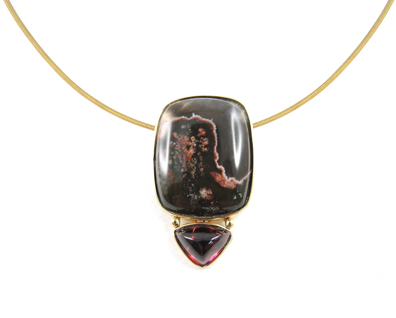 Picture Agate of a landscape at sunset with pyramidal shaped raspberry tourmaline. boldly elegant.