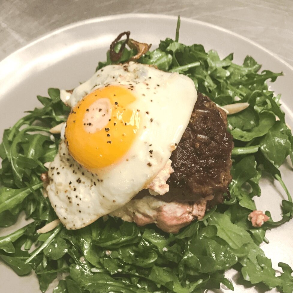 KETO RECIPE: GOAT CHEESE BURGERS OVER A SWEET MUSTARD ARUGULA SALAD 