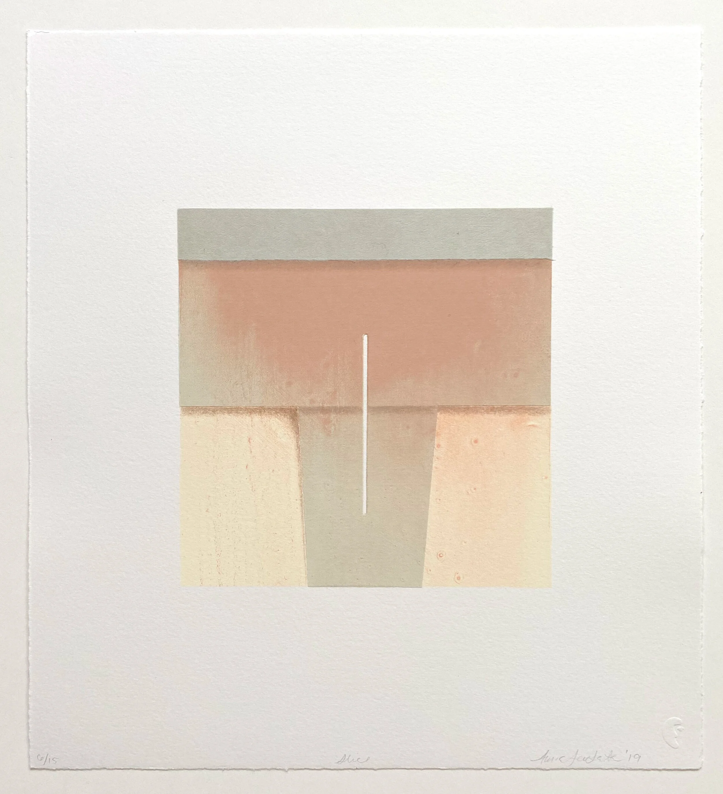  Slice | five run- three color, two chine-collé lithograph | 12 x 11  inches | 2019 | printed by Elena Selenita  