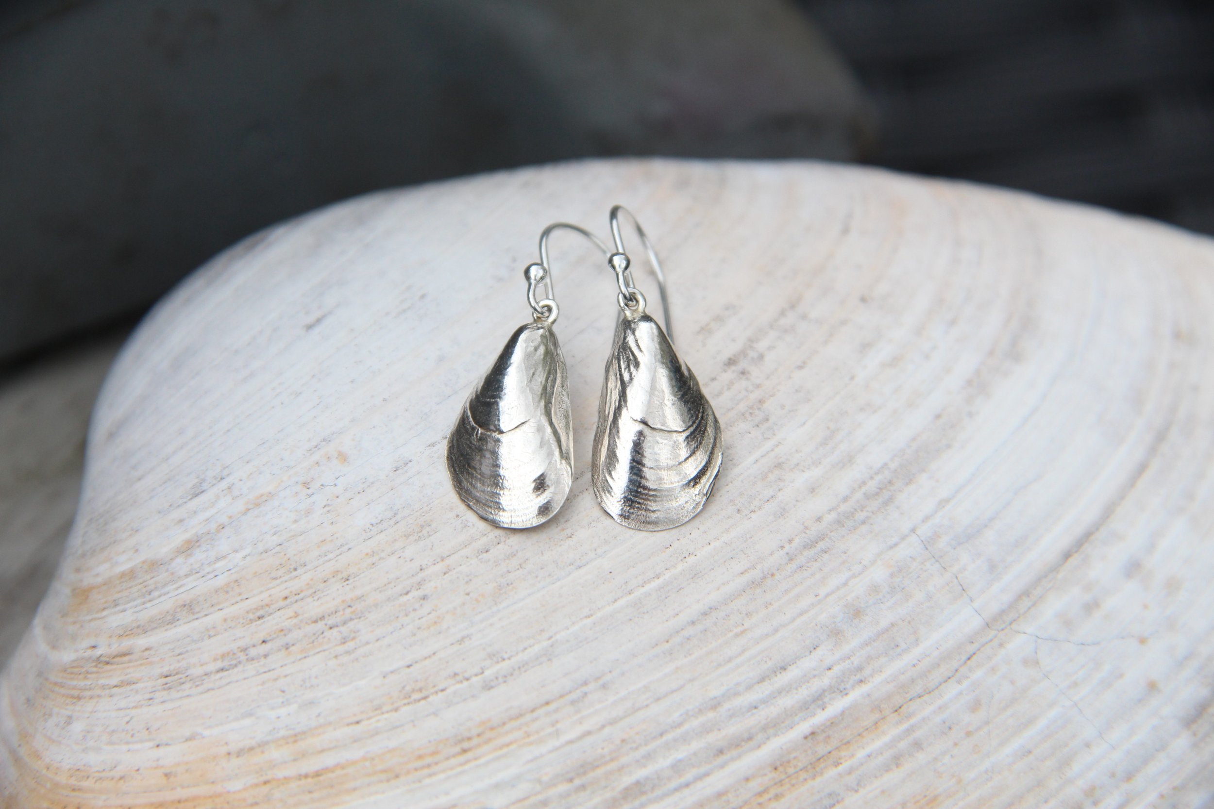 Sterling Mussel Shells - Drop Earrings