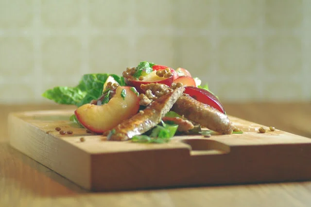 A Salad of Plums, Lentils + Italian Sausage