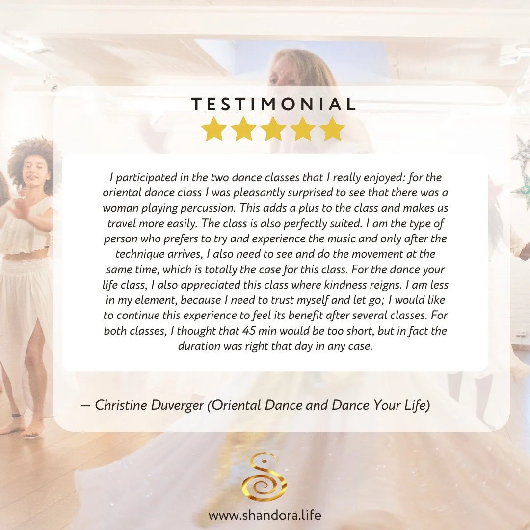 🌸 Testimonial 🌸

&quot;I participated in two dance classes with Gudrun and was truly impressed. The oriental dance class, with live percussion, made the experience even more immersive. I loved how the class balanced music and technique, allowing me
