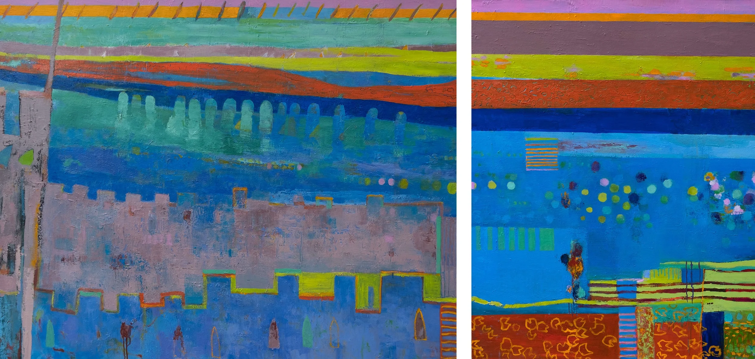 Across from Trematon Castle: diptych overall size of 2 paintings 120 x 350 cm each painting can stand alone 120 x 250 cm + 120 x 100 cm