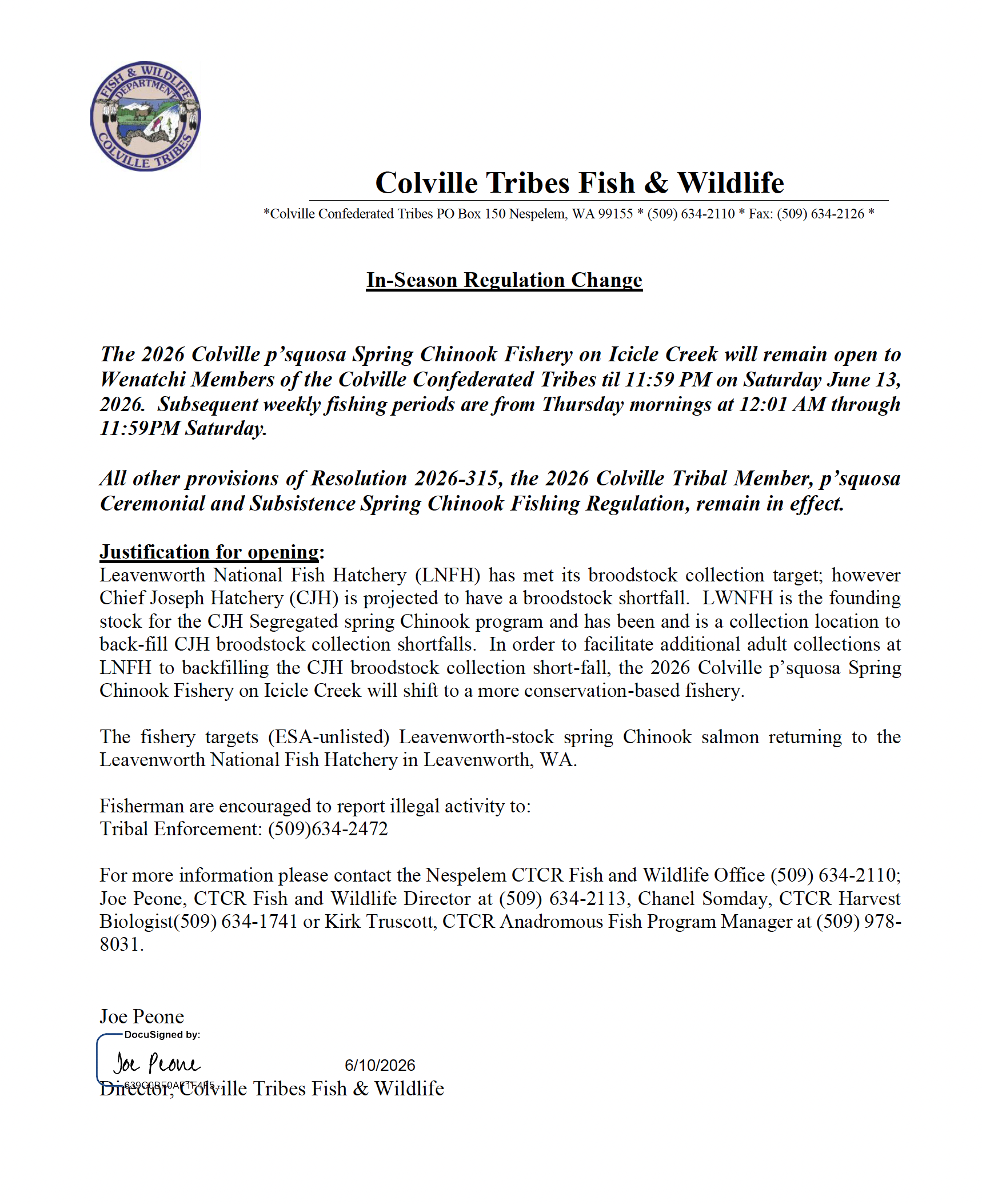 In-Season Regulation Change