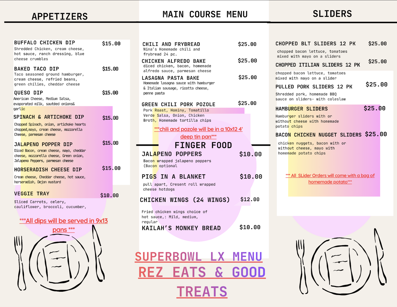 Superbowl LX Menu and partial fundraiser for 2026 Senior Class for Nespelem School