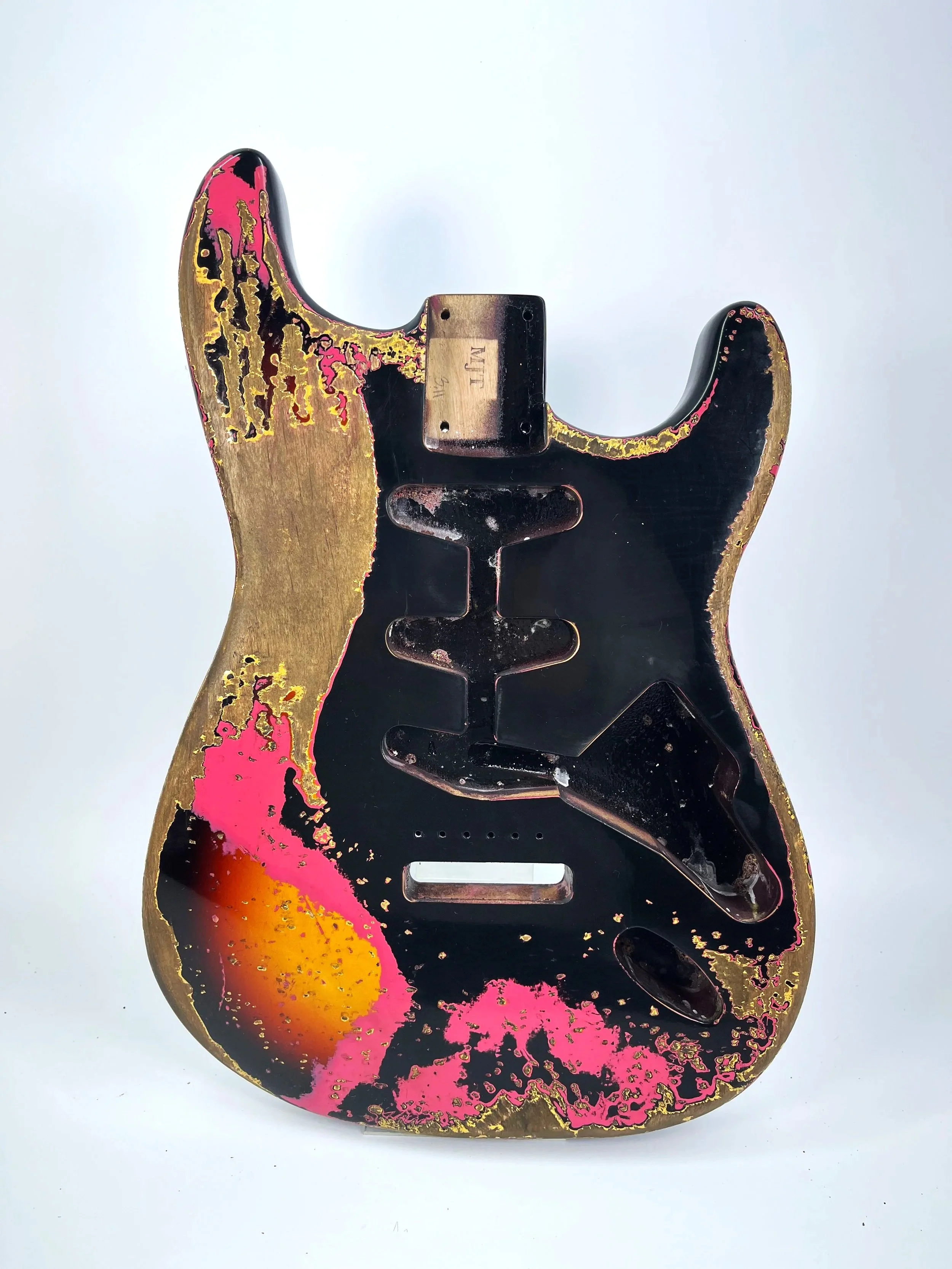 Black over Neon Pink over 3 Tone Sunburst VTS Body | Alder 3lbs 11oz