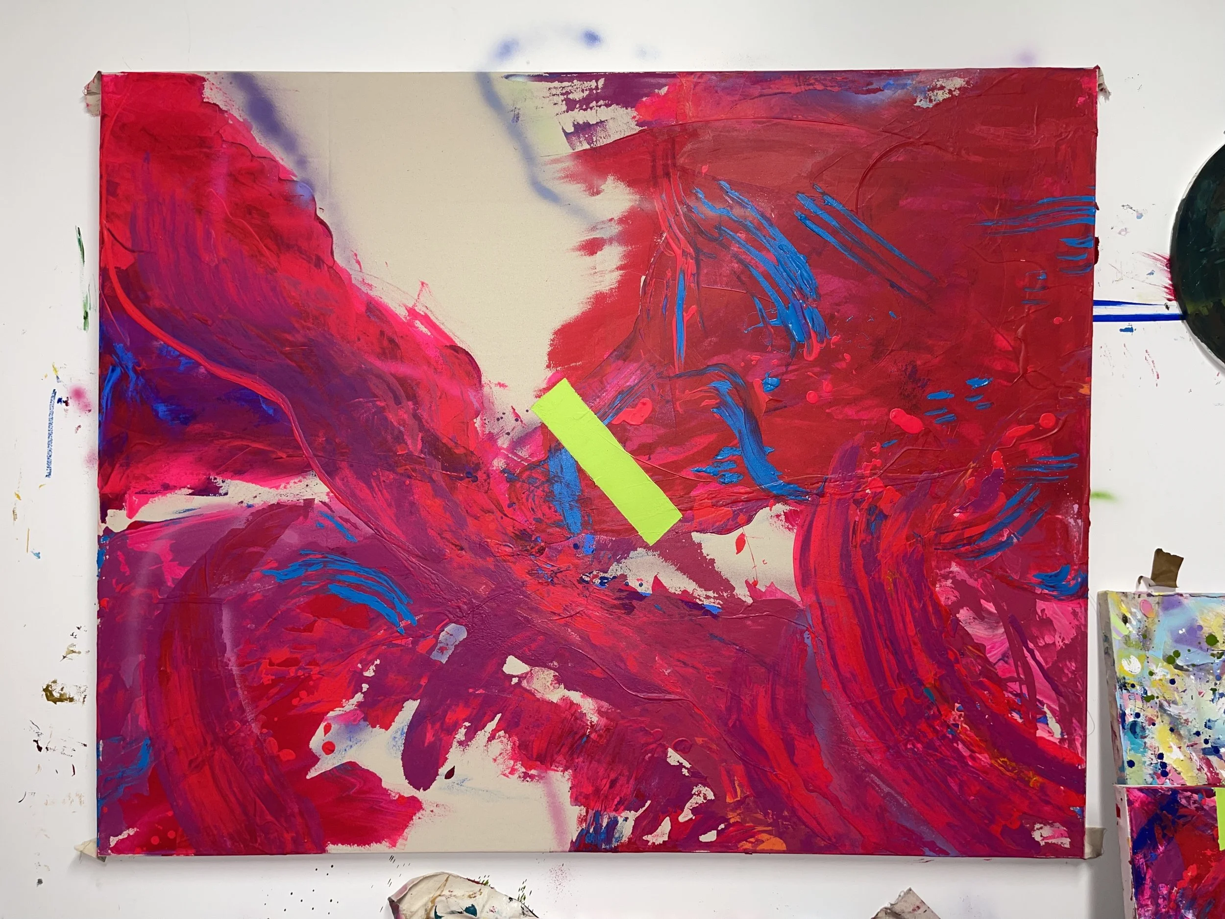  Acrylic, spray paint, oil pastel and ink on canvas  54x68x1.5 inches   