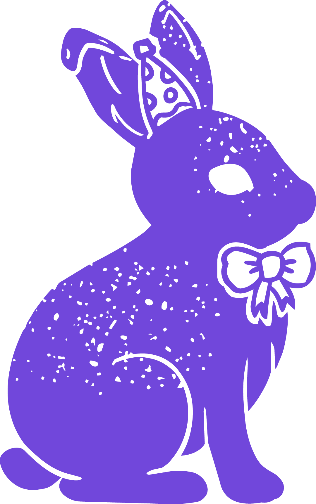 Purple cartoon dog with a bow on its collar, sitting and looking to the side.