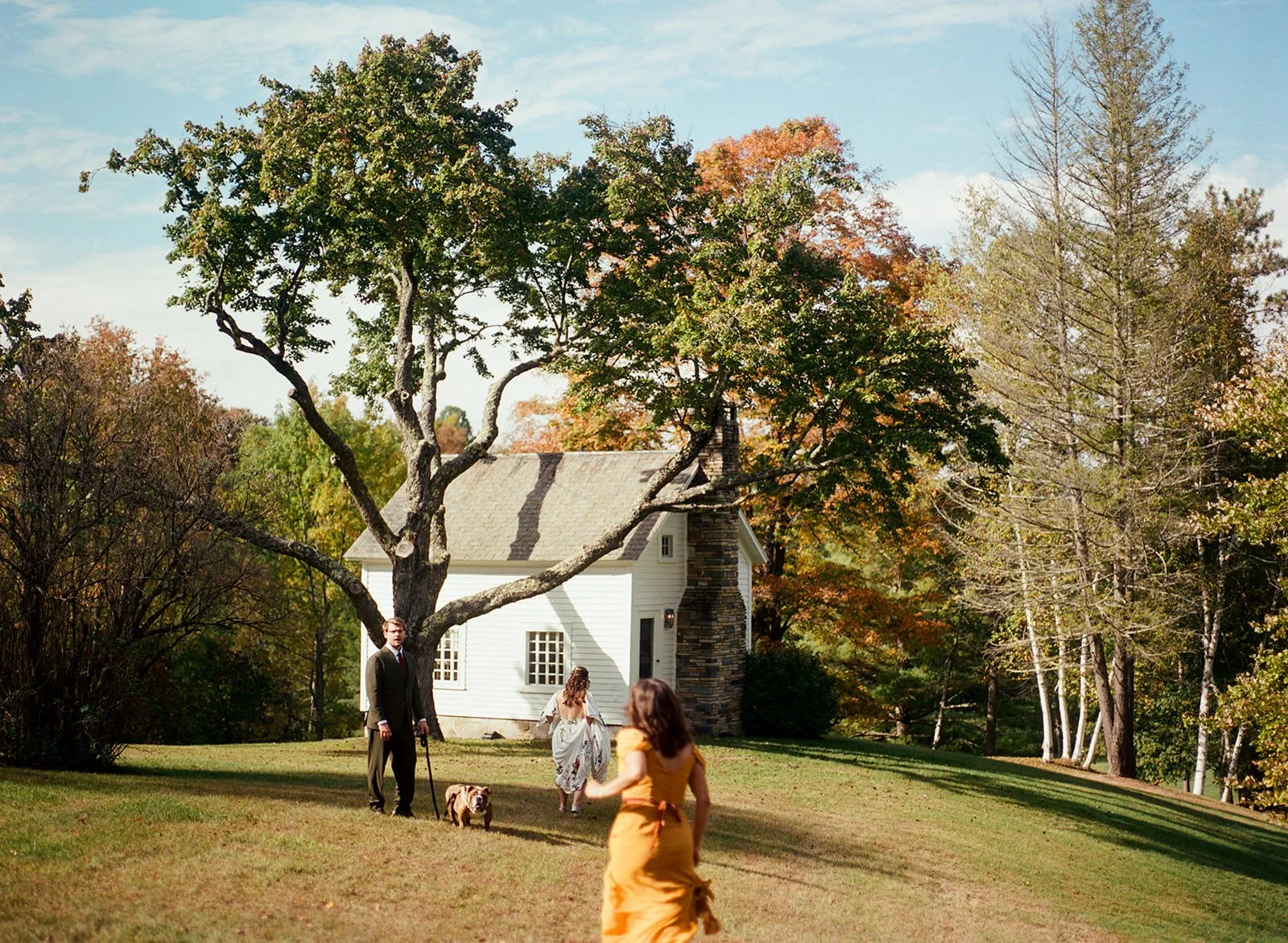 Wedding guests walking across a lawn in a wooded area