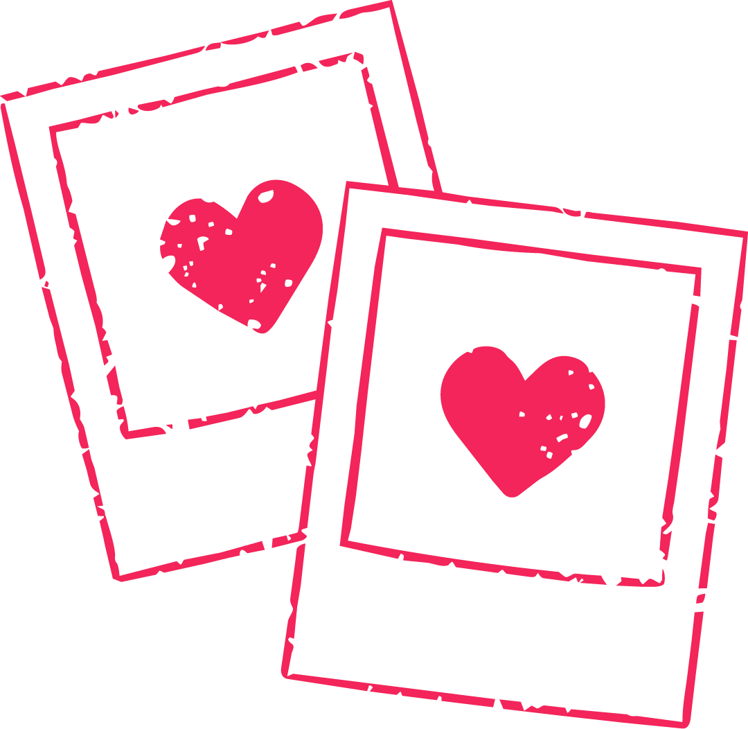 Two black-framed photo prints with pink borders and distressed appearance, each featuring a pink heart with a distressed look, set against a black background.