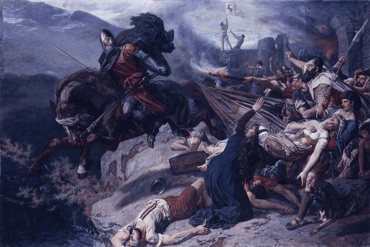 Ernst Stückelberg, Der letzte Ritter von Hohenrätien, 1883, Öl auf Leinwand, 117 x 175 cm, Bündner Kunstmuseum Chur, Schenkung der Söhne von Peter von Planta, Fürstenau (1910), © Bündner Kunstmuseum Chur