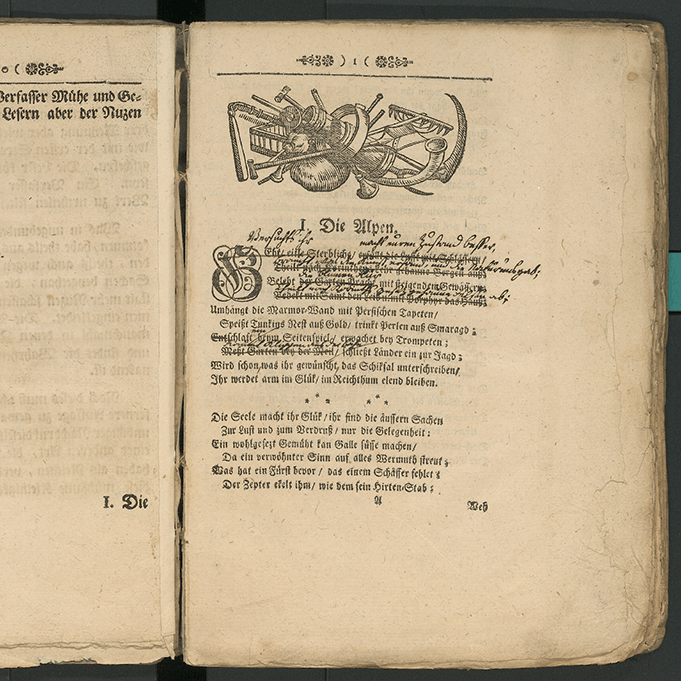 Albrecht von Hallers «Die Alpen» aus «Versuch von Schweizerischen Gedichten», Bern, 2. Auflage, 1734, liegt in der Berner Burgerbibliothek zur Ansicht auf. (Bild zVg)