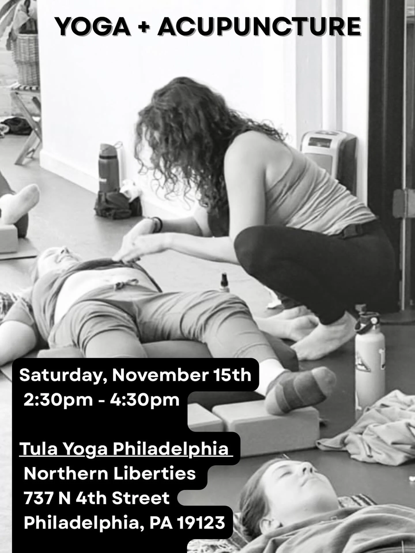 Join Jenn Curren and me for a special workshop at Tula Yoga on November 15th from 2:30-4:30:

Settle in, slow down, and let yourself be cared for.

This special Yoga &amp; Acupuncture experience begins with the gentle placement of 24k gold-plated ear