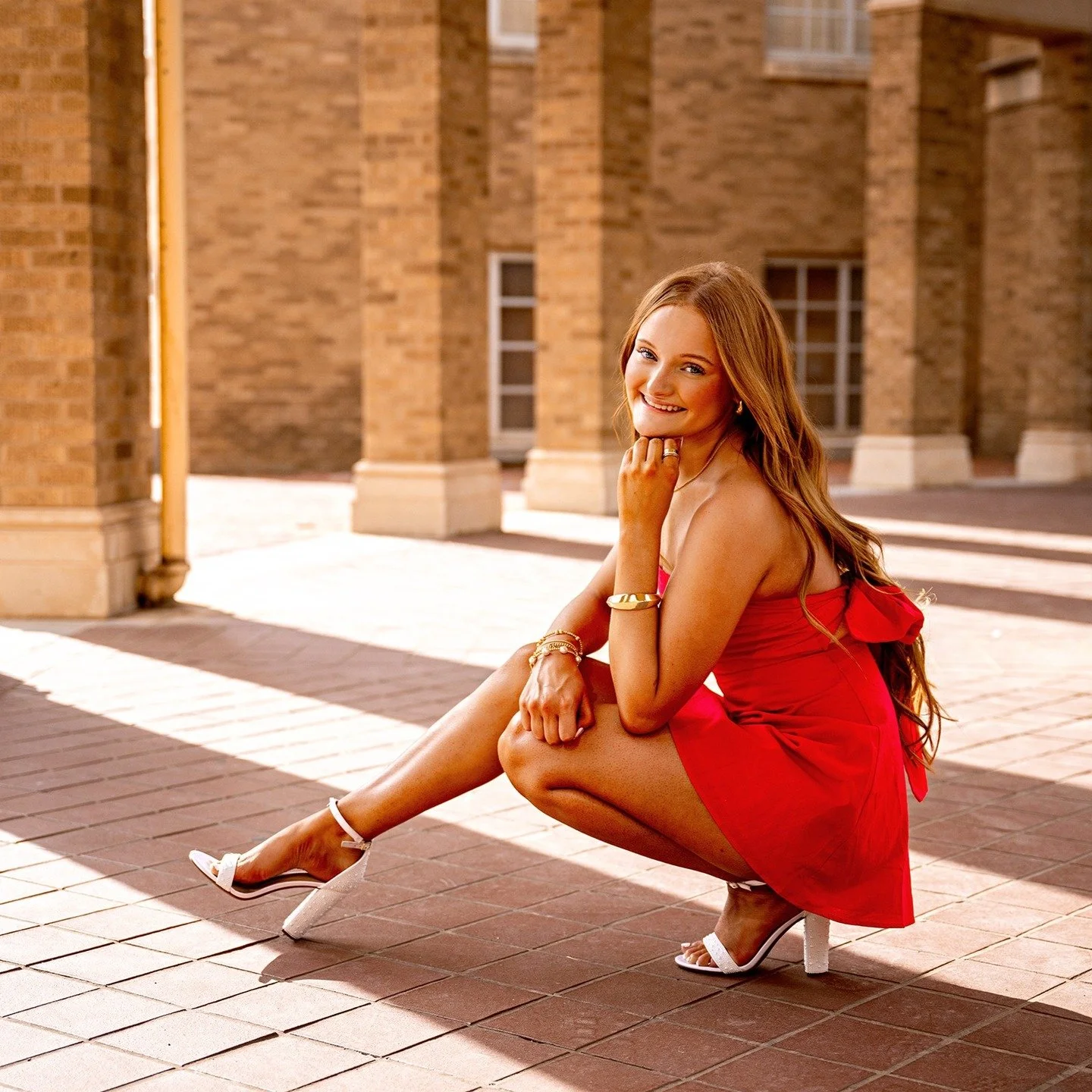 From last night's spring session with beautiful Allie. (Class of 2027, our booking dates are now live. Grab your date while you have choices. Link to book in our Bio). 
.
.
.
#texastechfreshman #reddress #redhair #shineon