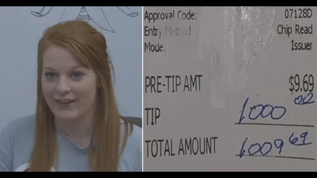 Alesha Palmer was happily surprised after a mysterious customer left her a $1,000 tip for her college education.