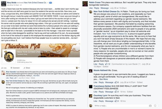 New York Grilled Cheese Co. owner came to his transgender employee's defense on Facebook.