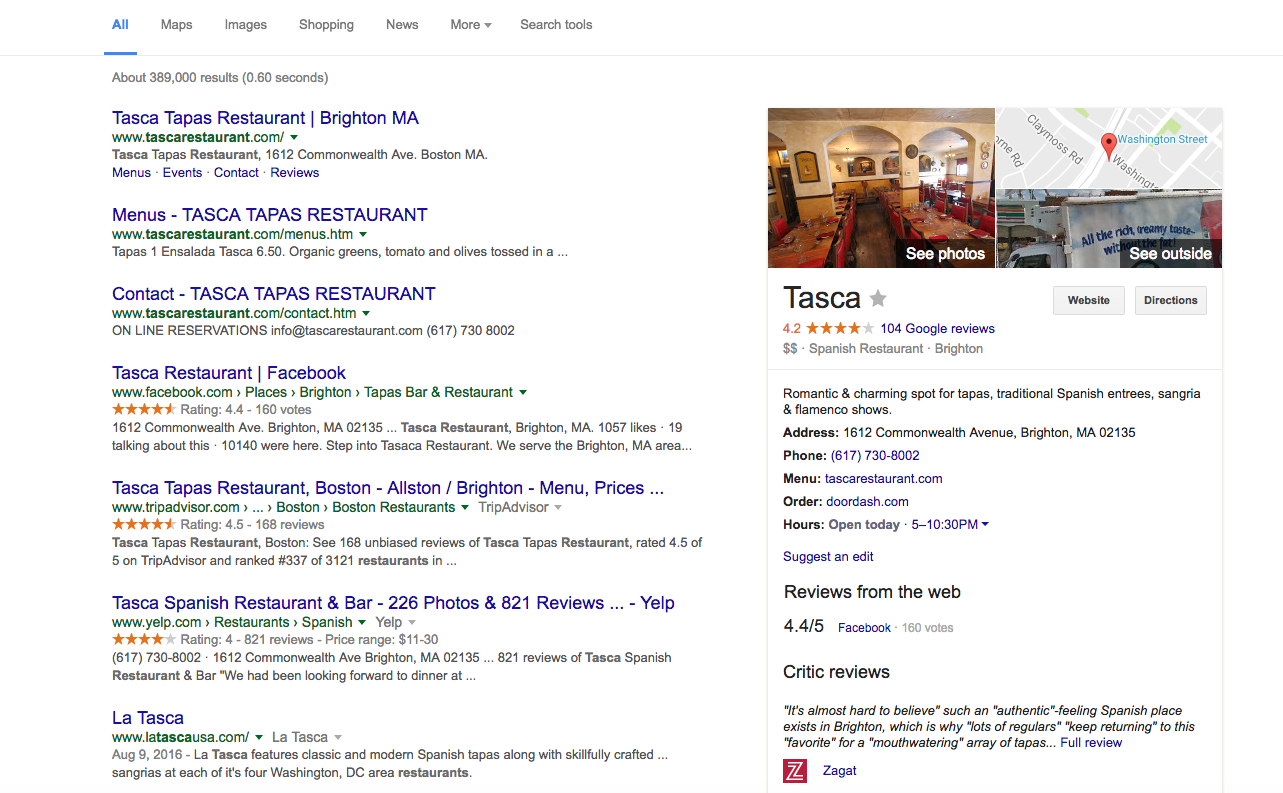 Google's From the Menu feature is absent on desktop local search