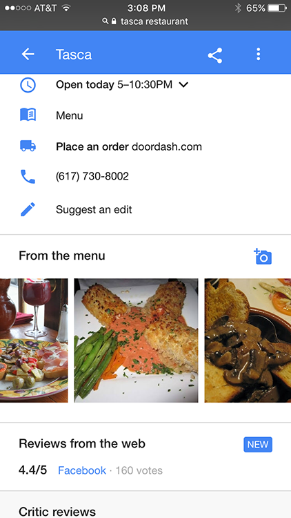 Google's From the Menu feature lets restaurant guests post pics of their meals in local search.