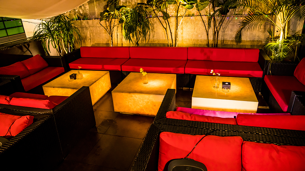 Stylish restaurant decor with ambient lighting.