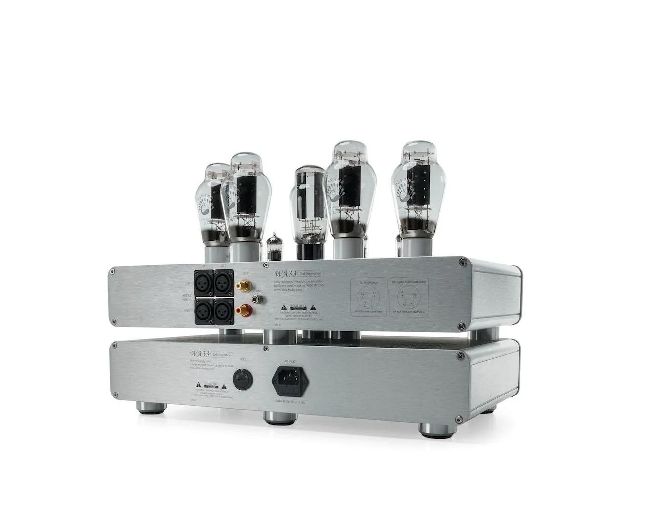 Woo Audio, WA33 (2nd gen) amplifier, Fully-balanced, Headphone Amplifier, Silver color, Back View, vacuum tubes, dual chassis, all aluminum, high-end, true-ribbon headphones