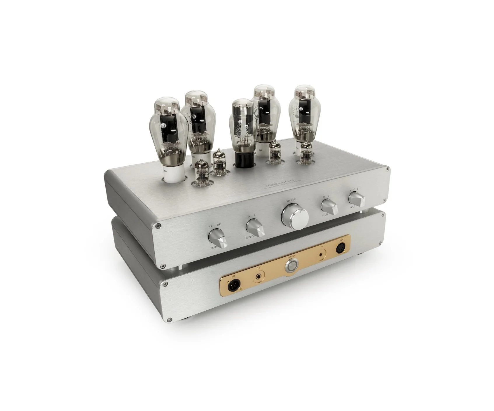 Headphone Amplifier, Silver color, Top View, Angle View, vacuum tubes, dual chassis, all aluminum, high-end, true-ribbon headphones