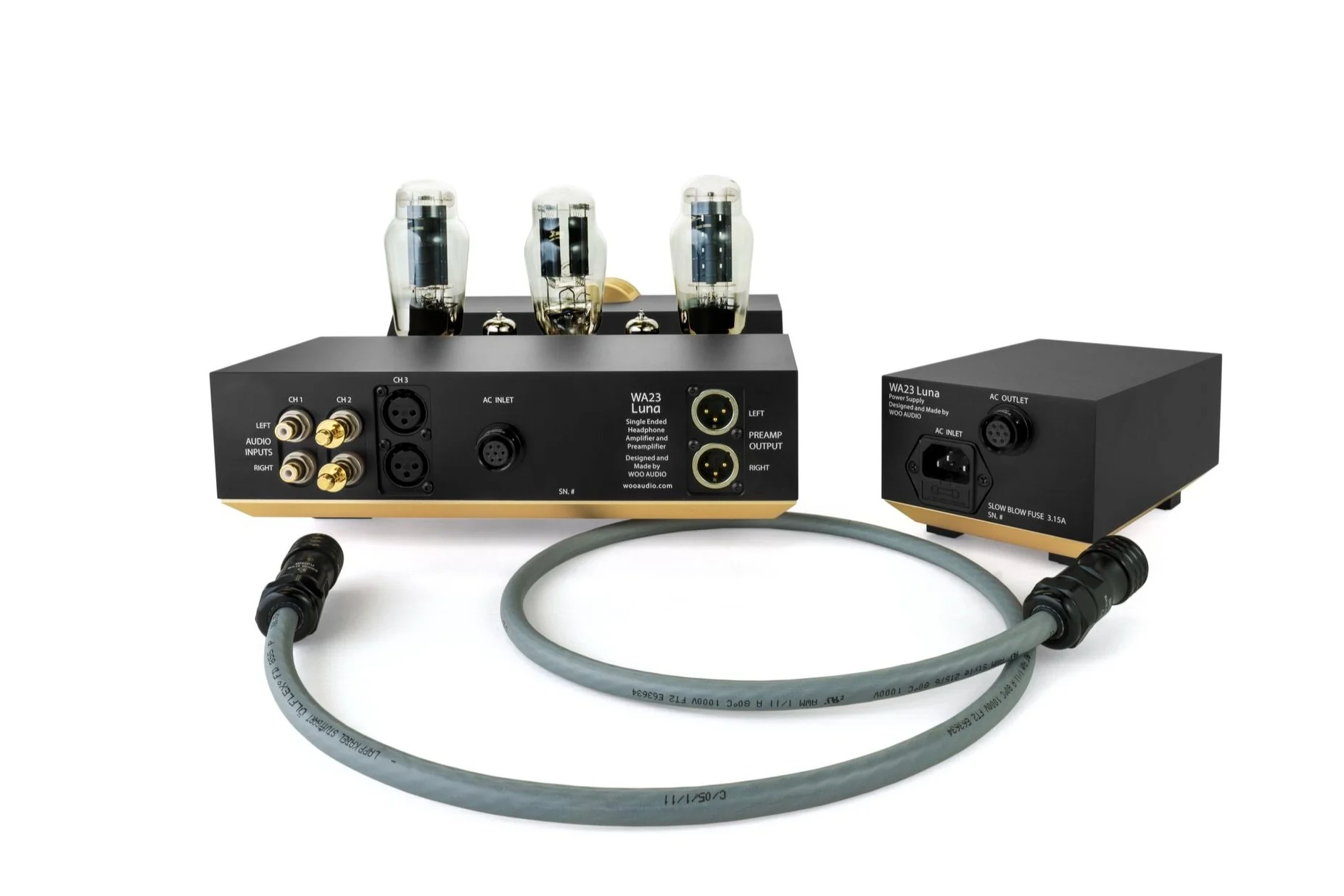 WA23 LUNA Headphone Amplifier with external power supply back view and DC cord