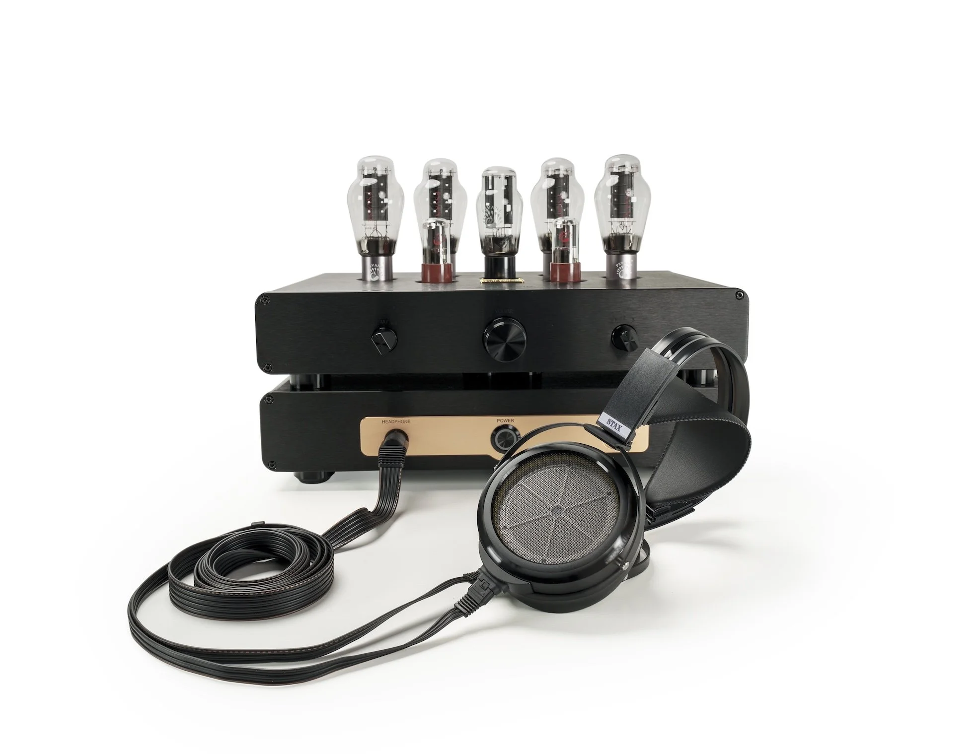 STAX SR-009D_electrostatic_headphones_black_wooaudio_3es_amplifier