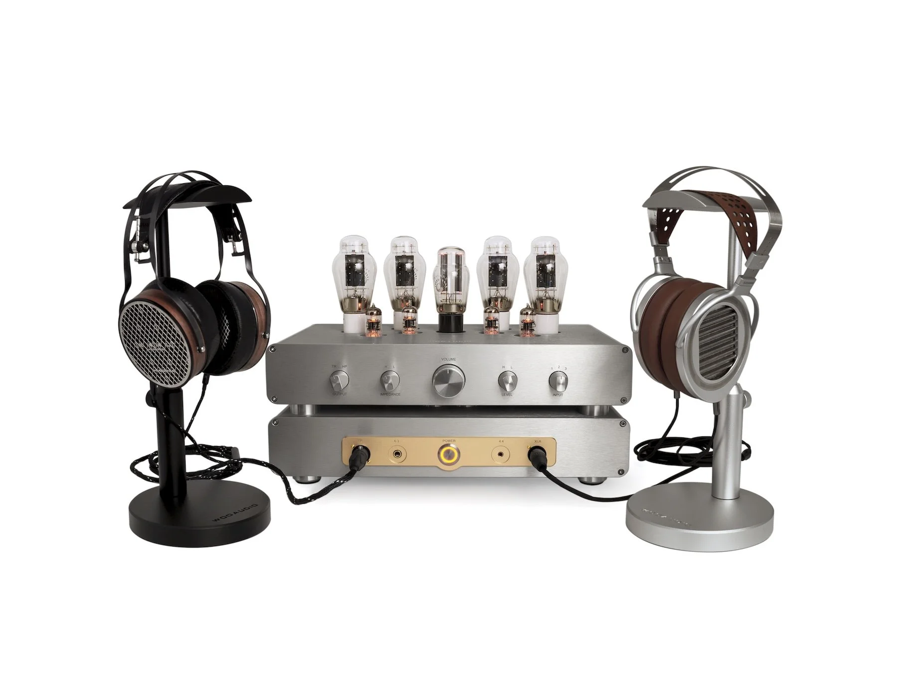 Fully-balanced, Headphone Amplifier, Silver color, Back View, vacuum tubes, dual chassis, all aluminum, high-end, true-ribbon, RAAL 1995, two headphones, headphone stands, HiFiMan Susvara Unveiled