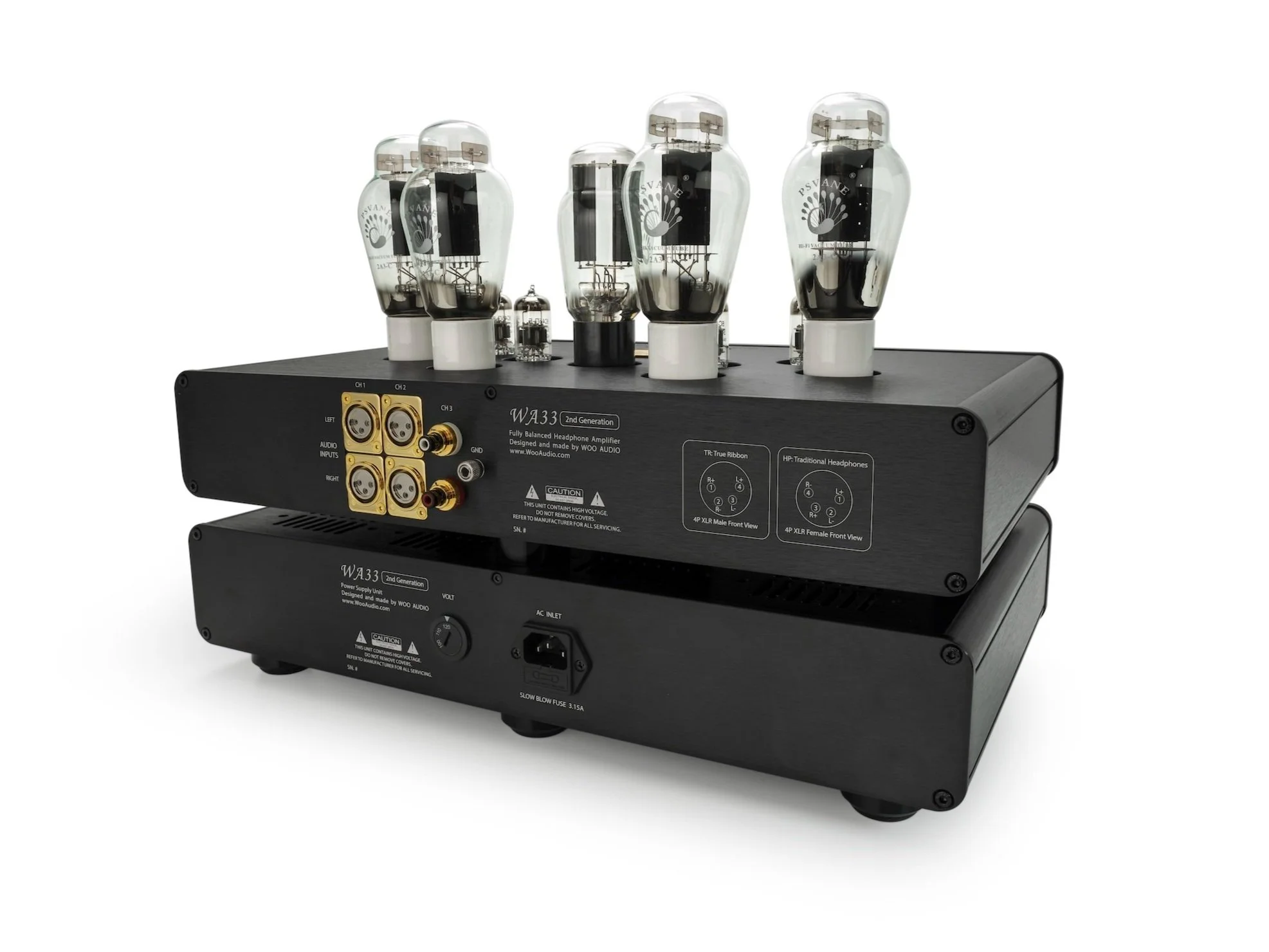 Woo Audio, WA33 (2nd gen) amplifier, Fully-balanced, Headphone Amplifier, Black color, Back View, vacuum tubes, dual chassis, all aluminum, high-end, planar magnetic headphones